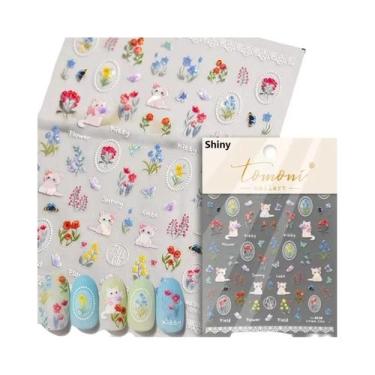 Imagem de Adesivos De Unha 5D Retrô Preto E Branco Com Laço De Renda E Urso Fofo