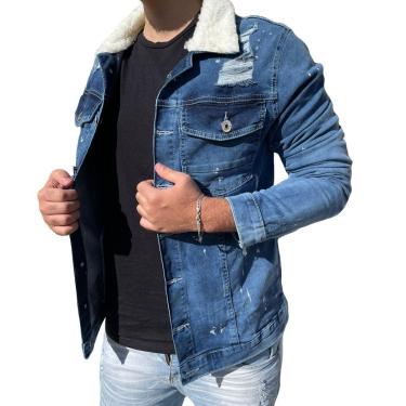 Imagem de Jaqueta Jeans Slim Destroyed Masculina Com Respingos Pelinho Na Gola-Masculino