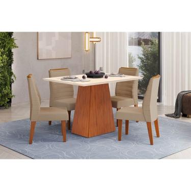 Imagem de Conjunto: Mesa de Cozinha Dulce c/ Tampo Madeirado c/ Vidro Reto 120x90cm e 4 Cadeiras Ondina Freijo/Off White - Linho Bege - DJ Móveis