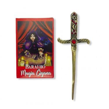 Imagem de Kit Tarot Magia Cigana e Athame Dourada Pedra Vermelha