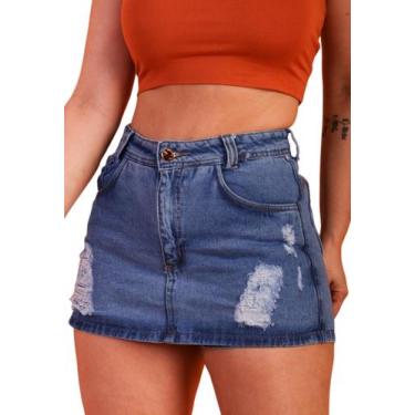 Imagem de shorts saia jeans cintura alta com detalhes rasgdo sem laycra - Ninas,