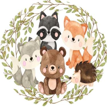 Imagem de Painel de Lona Redondo Animais Cute Aquarela Bosque - Fabrika De Festa