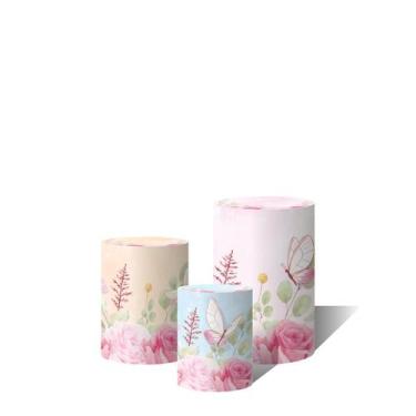 Imagem de Trio de Capas Cilindricas Versátil Borboletas e Rosa Aquarela Tons Pas