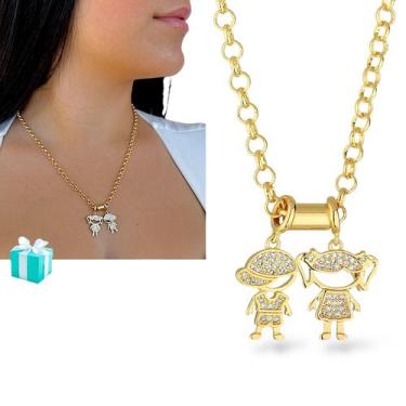 Imagem de Colar Feminino Pingente Filhos Casal Cravejado Semi Joia - Santo Estil