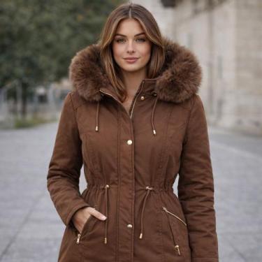Imagem de Jaqueta Sarja Parka Feminina Com Cordão De Ajuste Cintura Casaco De In