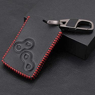 Imagem de YJADHU Porta-chaves com capa protetora e protetora de couro com 4 botões, adequado para Renault Clio Logan Megane 2 3 Koleos Scenic Card, linha vermelha