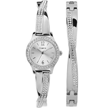 Imagem de Timex Conjunto de relógio e pulseira feminino de cristal Swarovski 23 mm, Prateado, TW2T58000