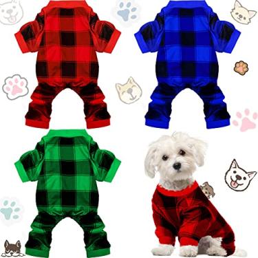 Imagem de Pijama de Natal para cães, roupa para animais de estimação, roupa de Natal, macacão para filhotes, pijamas de Natal para decorações de animais de estimação (padrão xadrez, M)