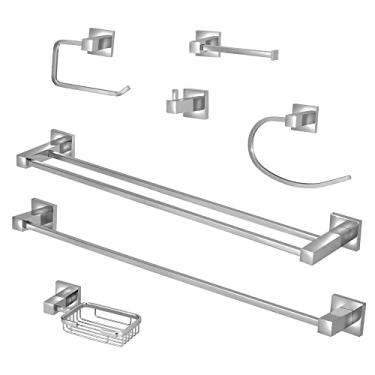 Imagem de Kit Acessórios Quadrado Banheiro 100% Metal Cromado 7 Peças