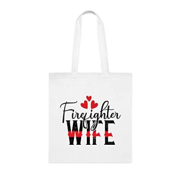 Imagem de Bolsa tote Esposa de bombeiro, para esposa, presente para esposa, bolsa de ombro para esposa, bolsas reutilizáveis para esposa, presente para esposa do marido , Branco