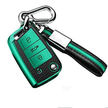 Imagem de YJADHU Capa de chave de carro TPU macio, apto para Volkswagen VW Golf 7 MK7 Tiguan MK2 Skoda Octavia A7 Kodiaq 2017 2018 2019, verde, chaveiro