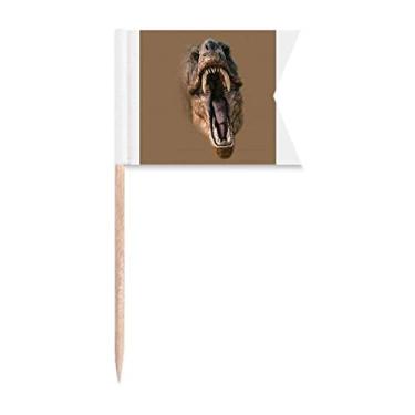 Imagem de Dinossauro Tiranossauro Rex abre a boca bandeiras de palito de dente marcando para bolo de festa comida prato de queijo