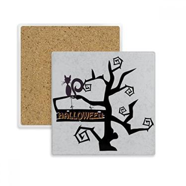 Imagem de Tapete de porta-copos quadrado de árvore Hallowmas para gatos de Halloween