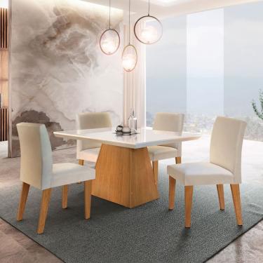 Imagem de Conjunto de Mesa de Jantar Luna com Tampo Off White e 4 Cadeiras Grécia Veludo Creme e Imbuia