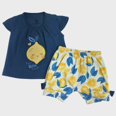 Imagem de Conjunto curto bebê camiseta azul marinho com bordado limão e shorts cru estampado limão amarelo e azul