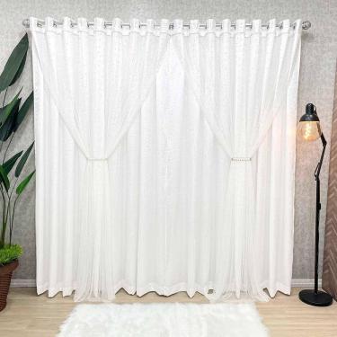 Imagem de Cortina Aurora Cetim Amassado Tule Pérolas 3,00x2,50m Sala Quarto Varão 3m - Branco