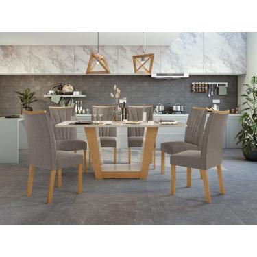 Imagem de Mesa de Jantar 1,70 Apogeu com vidro Serigrafado e 6 cadeiras Apogeu de tecido Suede Animale Bege Amêndoa Clean/off White