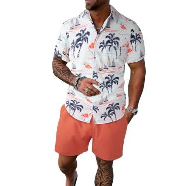 Imagem de Floerns Conjunto de camisa masculina havaiana com botões e shorts de 2 peças, Branco laranja tropical, XXG