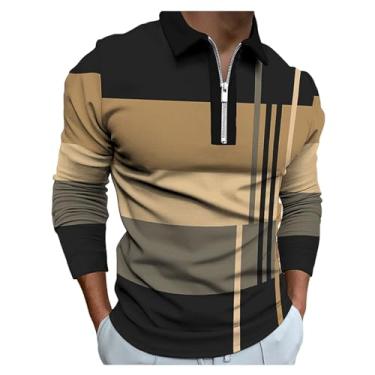 Imagem de Camisa polo masculina listrada, estampa de cores, pulôver, impressão digital 3D, manga comprida, Amarelo, XG