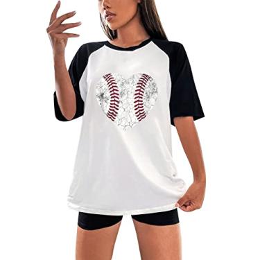 Imagem de Camiseta feminina com estampa de coração de beisebol, gola redonda, manga curta, caimento solto, casual, túnica de verão, Preto, GG