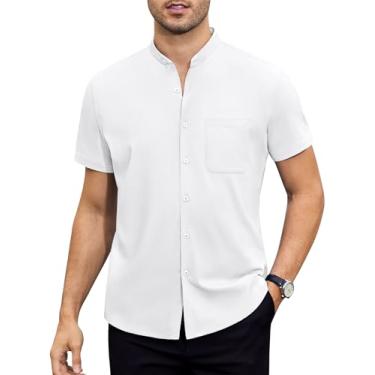 Imagem de DEMEANOR Camisas sociais masculinas com gola canelada, manga curta, elástica, sem colarinho, camisas casuais de botão, Todo branco, 3G