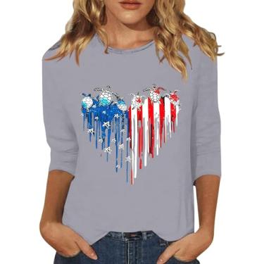 Imagem de Camisetas femininas 4th of July Star Stripes USA Festival Blusa manga 3/4 bandeira americana moda verão 2024, Cinza escuro, G