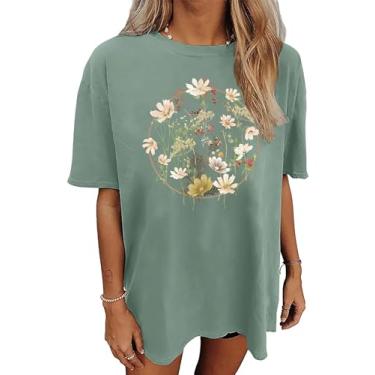 Imagem de CAZYCHILD Camisetas estampadas femininas grandes com estampa de flores, boêmio, flores silvestres, casual, verão, tops, Verde, GG