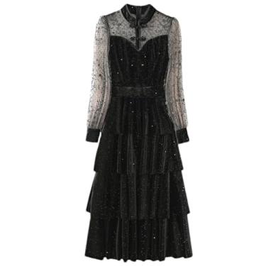 Imagem de Vestido feminino estilo chinês preto primavera manga longa vintage fleece patchwork vestidos para mulheres vestido longo, Preto 1, PP