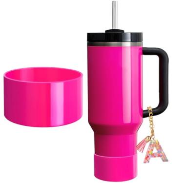 Imagem de Bota protetora de silicone neon fosco com pingente de letra para Stanley/Copo moderno simples 567-1,134 g, capa de manga antiderrapante para mais copos e garrafas de água com base de 7 a 7,5 cm (rosa
