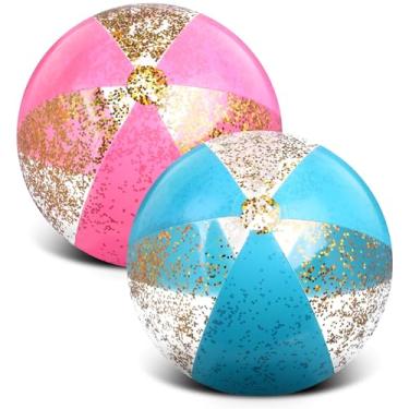 Imagem de Syhood 2 bolas de praia com glitter, bolas de praia infláveis de 40,6 cm, bolas de bilhar de confetes douradas para piscina, para adultos, lembrancinhas de festa de aniversário de verão (rosa e azul)