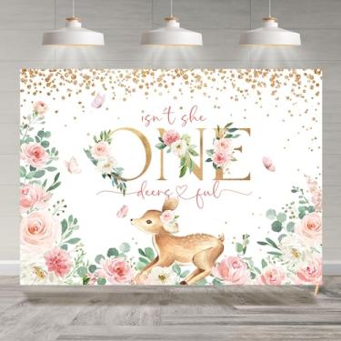 Imagem de Rsuuinu Pano de fundo temático de veado para meninas primeiro aniversário floral com bolinhas douradas fundo fotográfico aniversário de um ano de idade suprimentos para decoração de festa banner