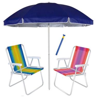 Imagem de Kit Praia 2 Cadeira Alta Alumínio + Guarda Sol 2,6m Azul Alum + Saca A