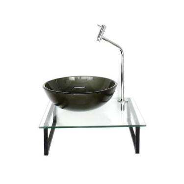 Imagem de Kit Cuba Vidro Redonda 10Mm Ouro Envelhecido Tampo 40Cm - Cubas E Gabi