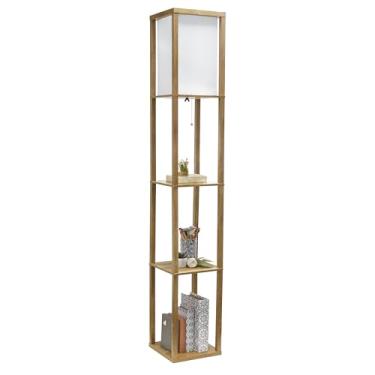 Imagem de Simple Designs Luminária de piso de madeira Etagere Prateleira organizadora de armazenamento com cúpula de linho