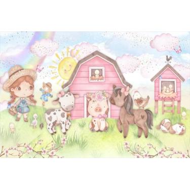 Imagem de Painel de Lona Fazendinha de Animais e Flores Aquarela Menina - 300x20
