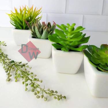 Imagem de Kit Com 3 Suculentas Artificiais Mini Vaso Cerâmica Branco - Decor Art
