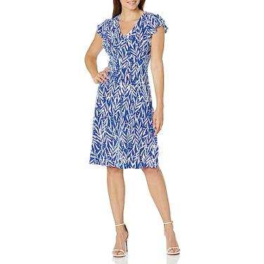 Imagem de London Times Vestido feminino com estampa de folhas, gola V, manga e babados, Azul jeans/branco macio, 42