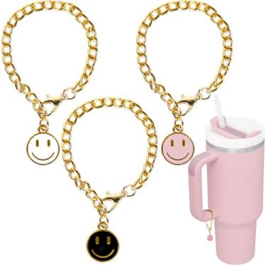 Imagem de JarThenaAMCS 3 peças de pingente de garrafa de água de rosto sorridente preto branco rosa formato redondo charme rosto feliz acessórios para copo de 30 e 1,134 g com alça, Cobre