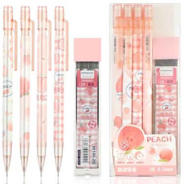 Imagem de Mabor Conjunto de lapiseira rosa pêssego, 4 peças de lápis mecânicos fofos com um tubo de refil de lápis de 0,5 mm e borrachas superiores, material escolar estético, presente de volta às aulas para