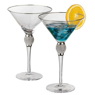 Imagem de 2 peças de copos de martini de cristal de haste transparente premium com borda prateada e strass, elegante conjunto de copos de 290 ml para Cosmopolitan, vodka, gin e outros coquetéis, talheres