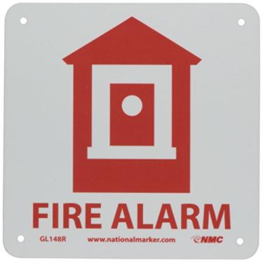 Imagem de NMC Placa gráfica GL148R, legenda "alarme de incêndio" com gráfico, 17,8 cm de comprimento x 17,8 cm de altura, brilho rígido, vermelho sobre branco