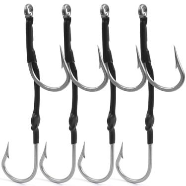 Imagem de Ganchos duplos para pesca de pesca, 4 peças de anzóis de pesca de água salgada de aço inoxidável, ganchos de pesca grandes, grandes, para pesca de tubarão marlin, atum, wahoo, dorado