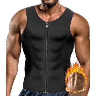 Imagem de CORATED Colete masculino de suor sauna para treinador de cintura com zíper quente neoprene regata espartilho compressão suor modelador corporal sauna ternos camisa de treino (Blackzip, G)