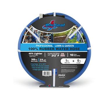 Imagem de BluSeal Mangueira de jardim de borracha para água quente/fria, 100% borracha, ultraleve, super forte, 500 psi, 50F a 190F graus, trançado de poliéster de alta resistência (2,54 cm x 1,5 m)