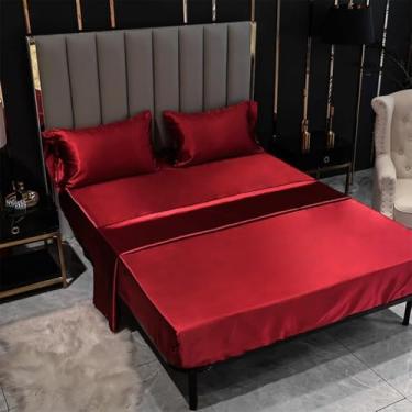 Imagem de ZiDeTang Jogo de lençol solteiro de cetim com 4 peças - respirável e refrescante, confortável, hotel, luxuoso, macio, sem rugas, cor vinho