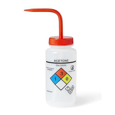 Imagem de United Scientific™ Frasco de lavagem UniSafe™ para acetona, 500 ml - rotulado com informações de segurança e produtos químicos codificados por cores (4 cores) - Boca larga, autoventilação, polietileno