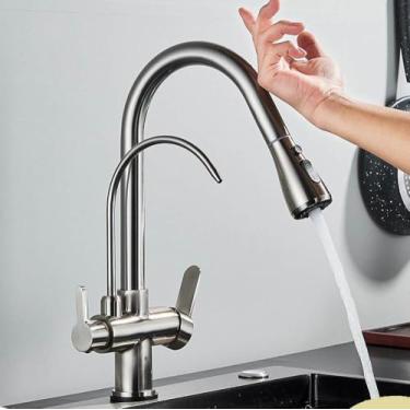 Imagem de Filtro de sensor de toque Torneira de cozinha de água Torneira de latão antigo Torneira misturadora com guindaste giratório de água pura para cozinha, níquel escovado
