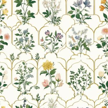 Imagem de vuacepe Papel de parede floral multicolorido vintage floral mural de parede autoadesivo removível impermeável para banheiro quarto armários decoração vinil 17 polegadas × 118 cm