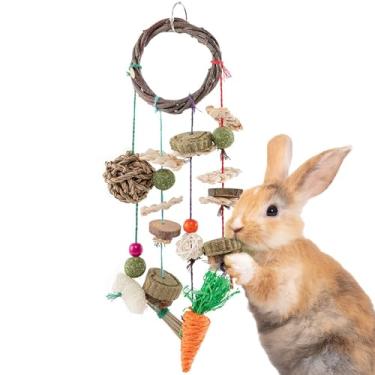 Imagem de SunGrow Brinquedo para mastigar coelho pendurado na gaiola, acessório de caixa que economiza espaço, discos de madeira, fatias de bucha, bola de grama e feno comprimido, para coelhos,