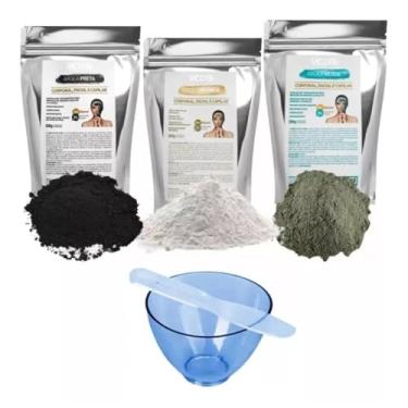 Imagem de Kit Completo de Argilas Vedis - Branca, Preta e Verde 500g cada + Cubeta Média e Espátula - Tratamento Facial e Corporal para Todos os Tipos de Pele e Cabelos